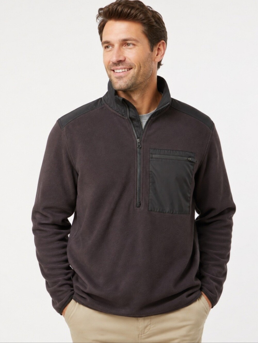 Jockey men’s fleece quarter zip pullover size L brown black chest pocket outdoor - Picture 1 of 5